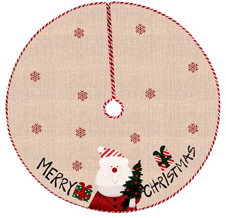 Esportic Weihnachtsbaum Rock, Tannenbaum Decke, Christbaumdecke Rund, Baumdecke Weihnachtsbaum, 108cm Retro Christbaumdecke mit Schneeflocken aus Leinen, für Neujahr Weihnachtsbaum Boden Party Dekor