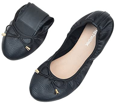 ERLINGO Ladies Roll up Shoes Foldable Ballet Flats with Bowknot Roll Up Ballet Pumps for Women Non Slip Fold Up Ballerina Dolly Shoes for Weddings and Parties Black