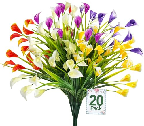 TURNMEON 20 Bundles Calla Lily (400 Heads) Artificial Flowers for Outdoors, Fake Plants UV Resistant Faux Plastic Fake Flowers for Indoor Planter Porch Gardens Home Summer Cemetery Decor(Color Mix)