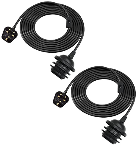 Pendant Light Fitting Kit, 2 Pack E27 Lamp Holder with 450cm Cable and Switch,Black Plug in Hanging Lamp Cord, Modern Plug in Ceiling Lighting Fixture,Extension Bulb Holder with Switch for Lampshade