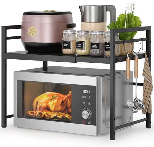 DOLALIKE Microwave Oven Rack, Expandable Microwave Stand Countertop Kitchen Utensils Tableware Storage, Carbon Steel Over Microwave Shelf Countertop with 3 Hooks