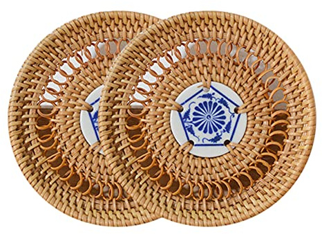 Posavasos redondos de ratán hechos a mano, posavasos trenzados para bebidas, posavasos de cristal, posavasos de porcelana, antideslizantes, resistentes al calor, posavasos bohemios, posavasos