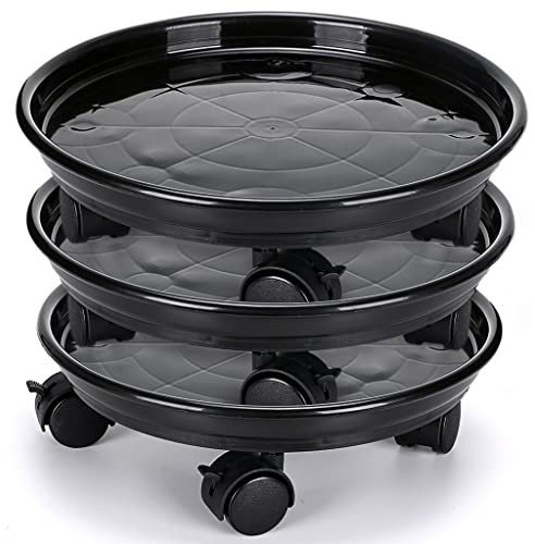 Skelang 3 Stück Blumentopfhalter mit Rädern, 30 cm, rollender Pflanzenständer, Pflanzenständer mit Rad für Innen- und Außenpflanzen, Tragfähigkeit 56 kg, Schwarz