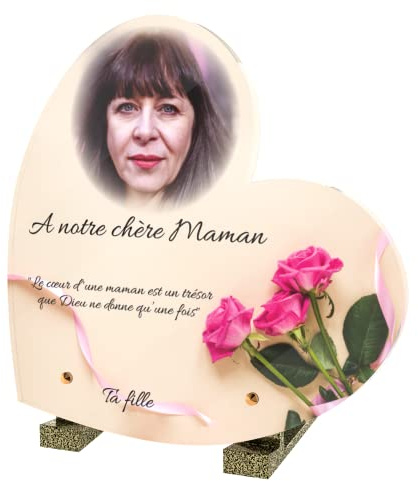 Plaque Funéraire personnalisée avec photo - Coeur - Fleur Roses - Plaque Funéraire personnalisable avec photo et texte sans Inter - Traitée Intempéries et Anti UV (Roses, 21x21 cm (petit))