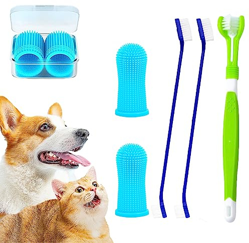 BSITSSS 5pcs Hundezahnbürste, Zahnbürste Hund Lebensmittelechtem Silikon Zahnbürste für Hunde, 2 Fingerzahnbürste Hund, 1 Dreifachkopf-Hundezahnbürsten und 2 Stiel mit Zwei Enden Hundezahnbürste