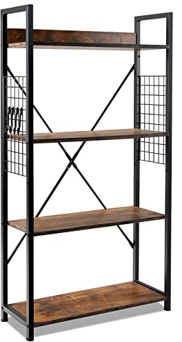 HOMASIS Estantería Industrial de Pie con 4 Niveles, Estantería de Oficina con Rejilla y Ganchos, Librería Vintage para Salón, Dormitorio, Estudio, con Patas Ajustables, 64x24x110cm, Negro y Marrón