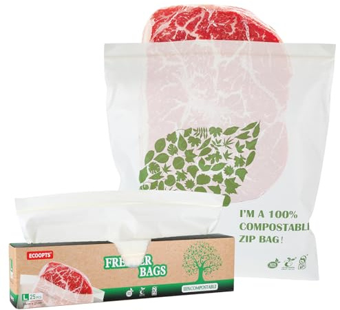 ECOOPTS 25 sacchetti per sandwich grandi, 100% compostabili, ecologici, per congelatore, a base vegetale, senza BPA, sigillano bene frutta, cibo e snack (1 confezione, di grandi dimensioni)