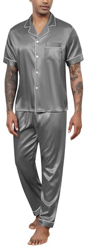 Reliwel Pijama Hombre Satén Pijama de Seda para Hombre Manga Corta con Botones y Pantalones Largos Ropa de Descanso Conjuntos de 2 Piezas Gris, M
