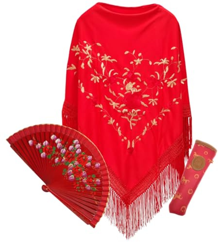Planta Color Mantón Rojo con Bordado de Preciosas Flores, Abanico de Madera con Dibujo De Flores Pintados a Mano y Funda Artesanal Hecha en España (Rojo y dorado)