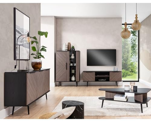 Lomadox Wohnmöbel Set Wohnwand in Graphit mit braun 4-teilig | 1 Sideboard, 1 Highboard, 1 Lowboard, 1 Couchtisch