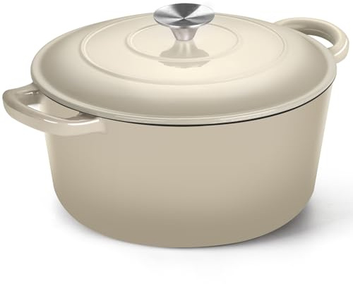 P&P CHEF 6QT Enameled Dutch Oven, Cast Iron Dutch Oven Pot with Lid for Bread Baking, Enameled Casserole Pot for Roasting Braising Stewing Frying Simmering, Various Stoves & Easy Clean, Khaki