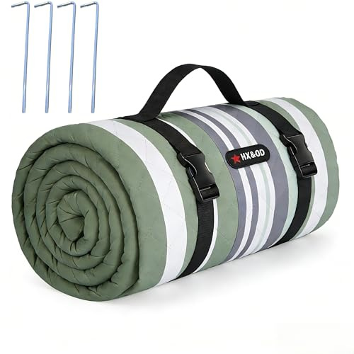 HX&OD Outdoor Picnic Blanket, Extra Large, 203 x 203 cm, Waterproof Picnic Mat with Pegs, Foldable Camping Blanket, Portable with Carry Strap for Beach Mat, Green, 203 x 203 cm