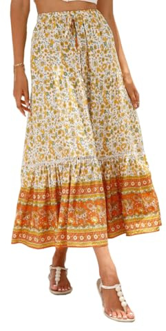 EMOTTOS Bohemisk maxikjol, A-linje långa kjolar elastisk midja, veckad gunga boho blomkjolar hög midja vardaglig för sommar vårsemester gå ut, gul/orange S-XL, Orange, S