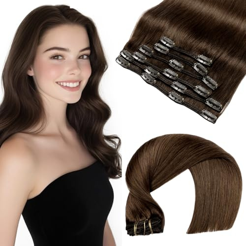 VINBAO Clip in Extensions Echthaar Remy Clip in Braun Echthaar Gerade Clip in Echthaarverlängerung Unsichtbar Remy Haar Clips für Frauen 18 Zoll 120g 6 Stück dickes Haar (#4,45cm)