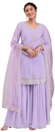 TRENDMALLS Georgette broderiarbete Kurta Sharara Set med Dupatta Kurta Set för kvinnor, Ljuslila, S