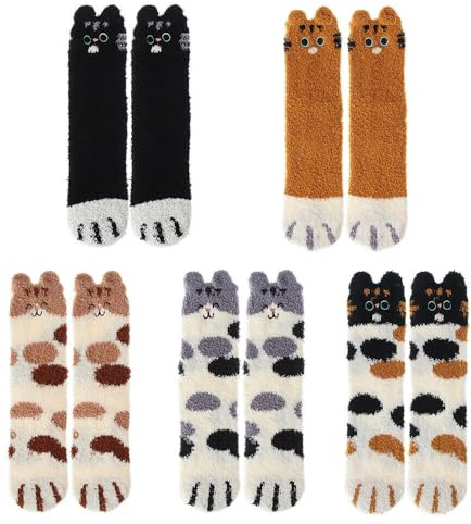 JUNHAO-SHOP 5 Pairs Cat Paw Fluffy Socks, Winter Cute Animal Pattern Warm Fleece Soft Bed Lounge Slipper Floor Socks for Women and Girls