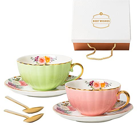 KWMAEEUID Juego de té de Porcelana de 4 Piezas, Juego de Cuchara y platillo para café, Juego de Tazas de café, Tazas de Capuchino Vintage, Regalo para Familiares o Amigos, 200 ml, B (B)