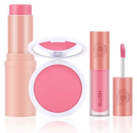 Boobeen Kit de 3 Coloretes, Colorete en Polvo, Barra y Líquido, Maquillaje Facial Multiusos de Larga Duración, Mate y Brillante para Todos los Tonos de Piel