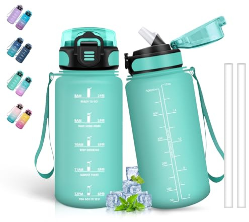 Grsta Gourde- 500ml- Enfant, avec Paille, Anti-Fuite, Gourde Sport avec Marqueur de Temps, Motivation pour Garçons&Filles, Bouteille d'eau pour l'École, Voyage, Velo, Camping, Vert