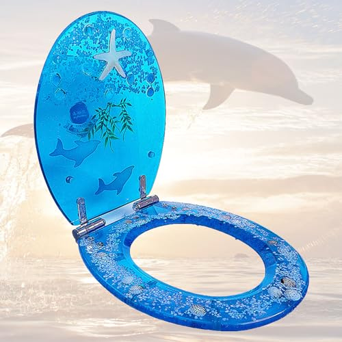 Generico Sedile WC in Resina con Stella Marina Blu e Gialla, sedili del Water Resistenti a Chiusura lenta e Morbida con Pesce Tropicale Trasparente con Effetti 3D Decorativi, Facile Installazione