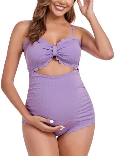 EastElegant - Costume da bagno intero premaman, con taglio a scalino, bikini per gravidanza, costume da bagno per donne incinte con scollo a scalino, Viola chiaro, M