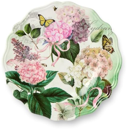 Garden Path Melamine Salad Plates Set of 4, 9-Inch - Durable and Lightweight with Pink, Purple, and White Hydrangea Design, Ideal for Outdoor and Indoor Dining. BPA free.