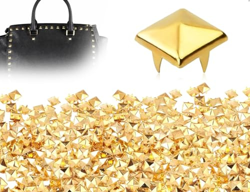 KAPSING 100 Stück Quadratische Nieten,Metall Krallen Punk Pyramide Spike Ledernieten,verwendet für Taschen Hut Handschuhe Lederband Kleidung Schuhe Armbänder DIY Dekoration(Gold)