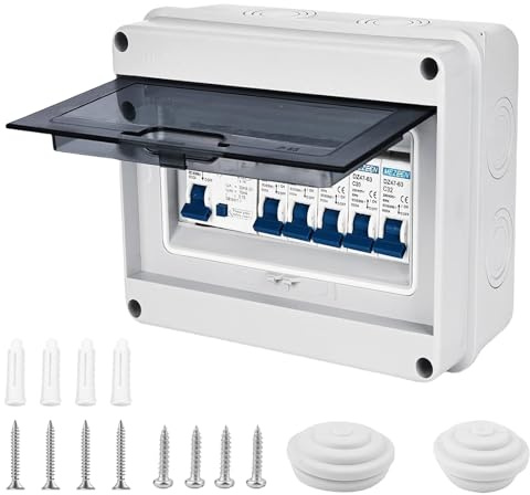 Behogan Sicherungskasten Aufputz IP65 mit Schutzschalter, Leistungsschalter 63A 4-Wege 2x6A+10A+20A+32A, Unterverteilung Aufputz,AC Trennschalter, Verteiler Kleinverteiler,Verteilerkasten für Büro
