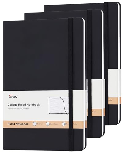 SUIN Lot de 3 carnets de notes A5 à couverture rigide avec 200 pages, couverture en similicuir doux au toucher avec fermeture élastique, ruban et poche, pour le travail, l'école et le bureau (noir)