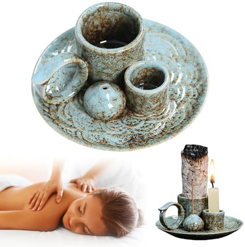 GOEDCH Cuenco de cerámica para incienso: soporte para salvia verde azulado, plato para ahumar, cuenco para ahumar, cuenco para incienso, accesorio de meditación, soporte con placa colectora de cenizas