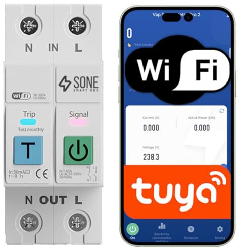 Sone Smart One WiFi Sicherung 63A L+N Tuya Energiemessung | 16a dauerstrom, 2-polig, rcd schutz, hutschiene, alexa google