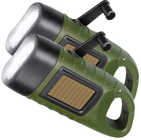 Xiaodib Lot de 2 lampes de poche à manivelle à énergie solaire, lampe torche à dynamo rechargeable pour le camping et la randonnée