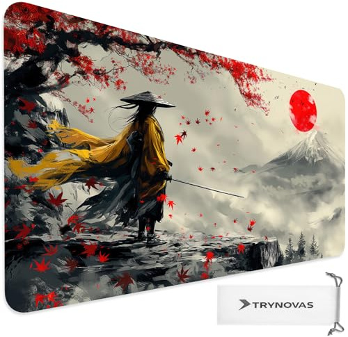TRYNOVAS Tappetino Mouse XL 80×30 cm (3mm) – Samurai Giapponese Fuji & Sole Rosso – Desk Mat Gaming Antiscivolo, Bordi Cuciti, Tappetino Scrivania Grande per PC e Laptop