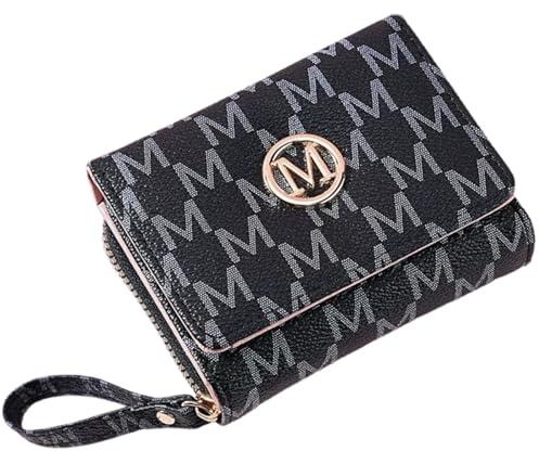 Uoocg Briefdruck Geldbörse Damen Klein Pu Leder Portemonnaie Damen Geldbeutel Mini Kurzer mit Zipper Münzfach Brieftasche (schwarz)