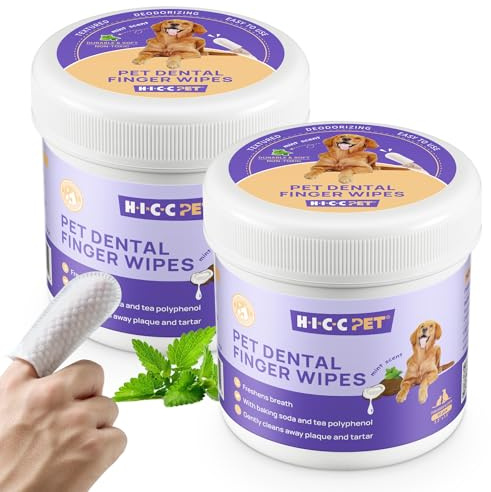HICC PET Dental Finger Wipes for Dogs & Cats, Toothbrush-Free Plaque & Tartar Remover Wipes, Freshens Breath, Soothes Gums with Coconut Oil, Alcohol-Free & Safe to Lick