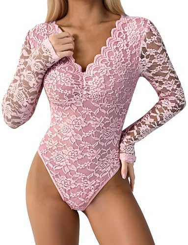 Ausing Body da donna a maniche lunghe, Dirndl, sexy, in pizzo, con camicetta in pizzo, elegante, per feste, festival, trasparente, XS-L