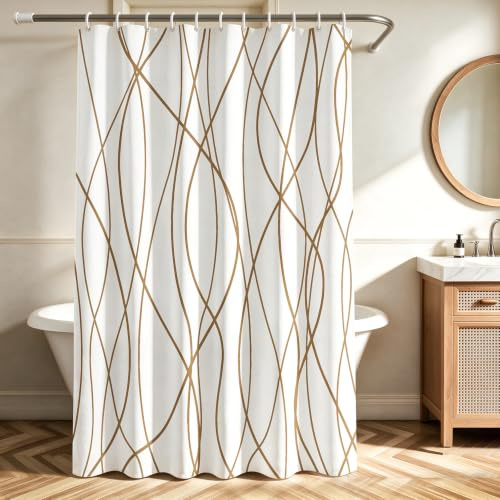 Lerores Duschvorhang 180x200 cm Beige Geometrische Kurve, Beschwerter Saum Antischimmel, Wasserabweisend, Waschbar Polyester Badevorhänge mit 12 Ösen und Duschvorhangringen für Badezimmer, Badewanne