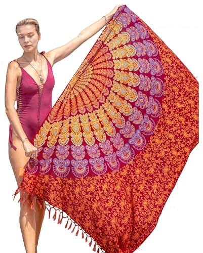 Sortie De Bain Femme Plage Avec Des Franges Rouge Pareo Bikini Cover Up Boheme Xxl Longue Robe Jupe Tapisserie Foulard Écharpe Rayone Sarong 180X110Cm
