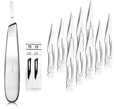 Set 10 Stück Skalpellklingen Figur 11 Karbonstahl Ersatzklingen einzeln steril verpackt 1x May Skalpell-Halter mit 13,5 cm langem Griff Edelstahl | Kompaktes Profi-Messer für Handwerk und Fußpflege. Liefert jederzeit exakte Resultate.