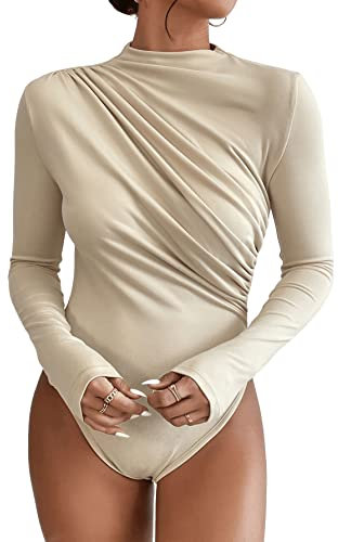 GORGLITTER Damen Body Elegant Langarm Bodysuit mit Rollkragen Rüschen Oberteil Sexy Top Body Aprikosenfarben S