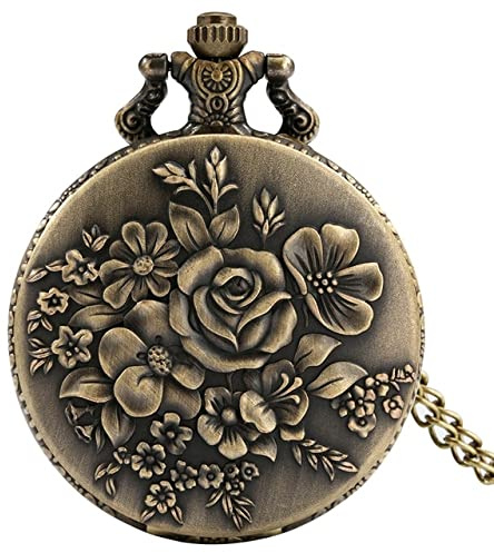 ADJAN Bronce Rosa Flor Pétalo Colgante Retro Elegante Flores Flores de Cuarzo Mujeres Relojes de Bolsillo Damas Collar Fob Cadena Joyería Reloj, Reloj de Bronce