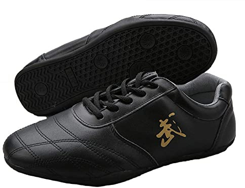 VEACAM Martial Arts Shoes for Men, Lightweight Leather Taekwondo Kung Fu Taichi Footwear for Daily Exercises Training, Black, Size 10