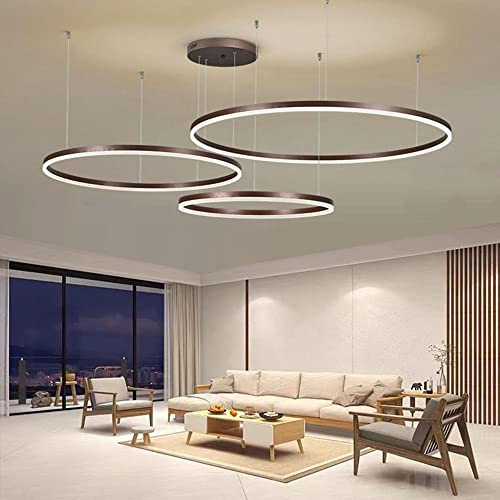 LIUYU Pendelleuchte 3 Ringe Braun dimmbar 40/60/80cm 106W | LED Pendelleuchte, 3 Ringe, gleichmäßiges Licht. Farbtemp. & Höhe (150 cm) einstellbar, Memory, Alu-Acryl