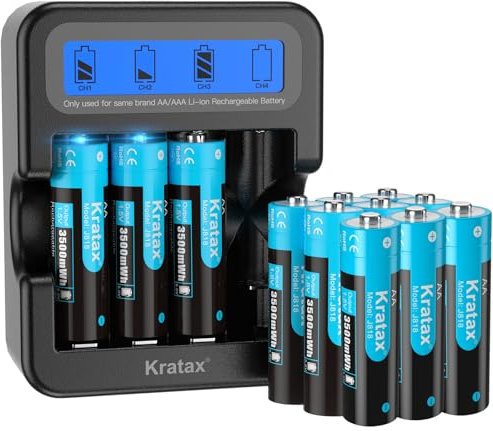 Kratax 1.5 V AA Rechargeable Lithium Battery, 3500 mWh High Capacity, Max 3A Current,1600 Long Cycles, 12 x AA Lithium Batteries with Black LCD Charger, for Blink Camera VR/AR Headset Xbox Controller