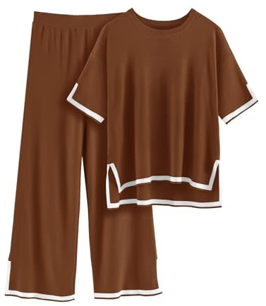 RITOSTA Conjunto Punto Mujer de Manga Corta Chandal Completo Conjunto Deportivo Chándal Vestir Dos Piezas Verano Otoño Suelto Conjunto Lana y Pantalones de Salón Conjuntos de Jersey (Marrón,S)
