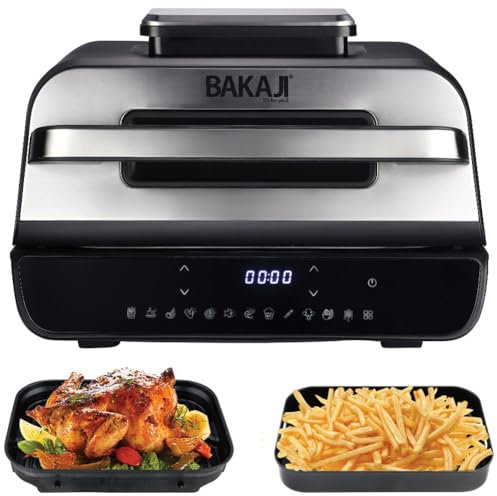 BAKAJI Friggitrice ad Aria e Grill Bistecchiera XXL Combi 6 L, Air Fryer Multifunzione con Piastra Griglia per Cuocere, Arrostire, Grigliare, BBQ, 6 Livelli di Cottura, Sonda Temperatura, 1800W