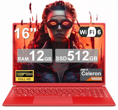 PC Portatile Notebook 16 Pollici Win11 12GB 512GB 1TB SSD Espansione, Computer Portatile Celeron N5095 (fino a 2.9Ghz) 丨Ventola di Raffreddamento丨5G WIFI丨1920 * 1200 2K Schermo Doppio-Rosso