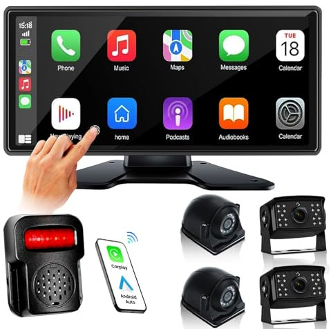 RV Camera System with Carplay Android Auto, 10.36 Monitor with MirrorLink DVR Voice Control Navigation + 1080P 4 Night Vision Waterproof Backup Camera System for RV Trailer Camper Semi-Truck
