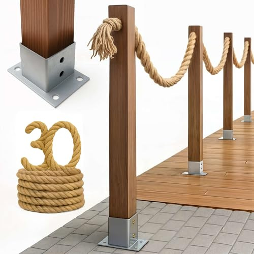 Kit de Clôture Nautique en Corde de Style Marin - Garde-Corps de Jardin avec Poteaux et Ancrages à Visser - Longueur 30m, Hauteur 1m - Coloris Naturel et Anthracite