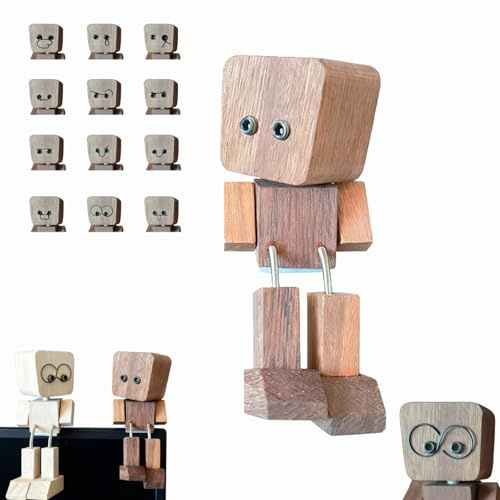 ZPSRGF Shaking Wooden Man Figurine,Wooden Figure with Spring Legs, Car Ornaments, Funny Wood Desktop Decor with 12 PCS Expressions,Shaking Feet Wood Car Dashboard Decorations(Walnut Wood)